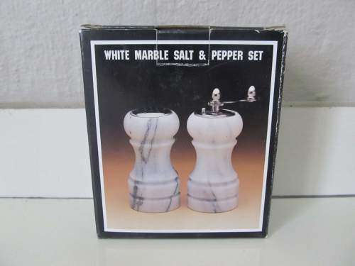 MARBLE !! Boxed Unused Set of White Marble Salt Shaker and Pepper Mill