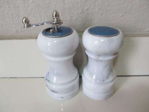 MARBLE !! Boxed Unused Set of White Marble Salt Shaker and Pepper Mill