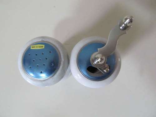 MARBLE !! Boxed Unused Set of White Marble Salt Shaker and Pepper Mill