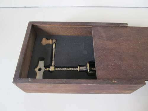 CORKSCREW !! Vintage Cast Metal Corkscrew Bottle Opener with Wood Box