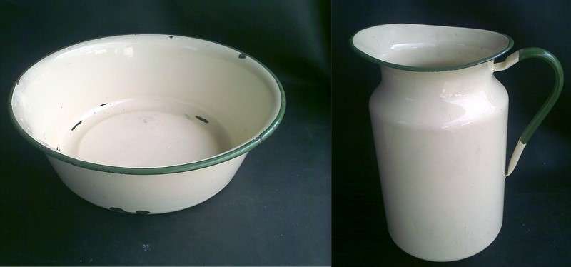 BIG ENAMEL BOWL AND JUG.  no rust on rug. rust on bowl.