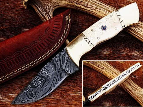 Hand made crafted damascus steel knife hunting skinning skinner with leather sheath #3