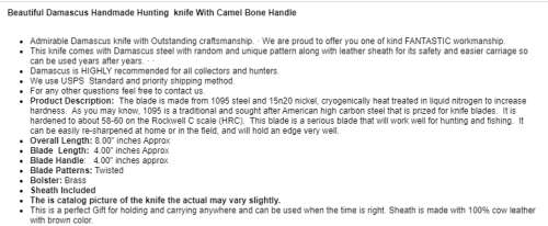 Damascus steel handcrafted hunting knife camel bone handle perfect gift!