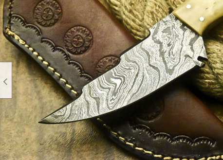2.Damascus steel handcrafted knife with leather pouch ram horn handle perfect gift!