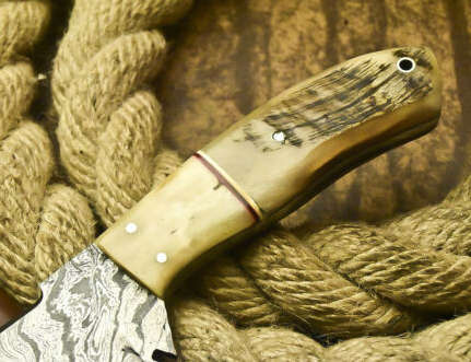 2.Damascus steel handcrafted knife with leather pouch ram horn handle perfect gift!