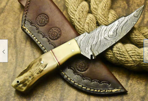 2.Damascus steel handcrafted knife with leather pouch ram horn handle perfect gift!
