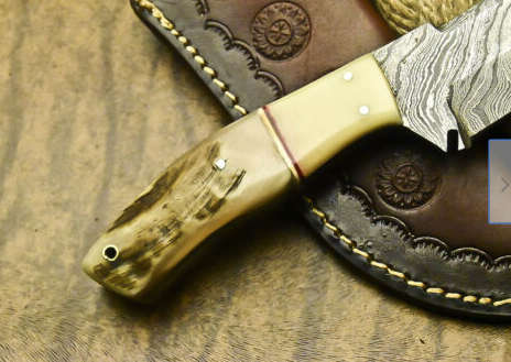 2.Damascus steel handcrafted knife with leather pouch ram horn handle perfect gift!