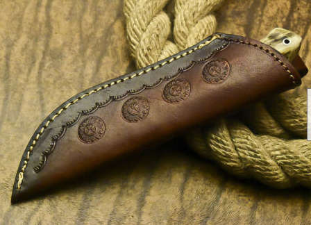 2.Damascus steel handcrafted knife with leather pouch ram horn handle perfect gift!