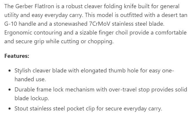 Gerber Flatiron cleaver folding knife plain stonewash blade desert tan