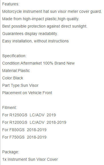 Bmw R1200GS GS1200 GS F750GS F850GS 2018-19 R1250GS 2019- TFT dash sun visor protection