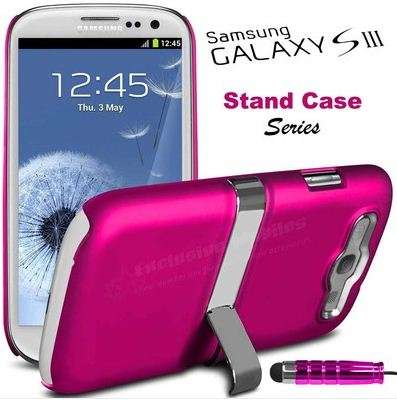 Samsung Galaxy S3 hard chrome stand case PINK+free screen protector+stylus