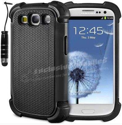 Samsung Galaxy S3 shock proof case cover BLACK free screen protector +stylus