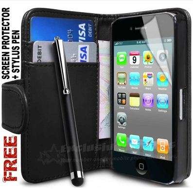 Iphone 4S S4 wallet case cover BLACK free screen protector +stylus
