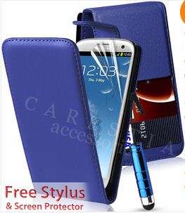 Samsung Galaxy S3 flip case cover BLUE free screen protector +stylus