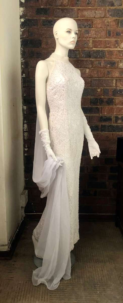 Wedding Dress - Elegant St. Tropez, straight line, lace and pearl halter dress