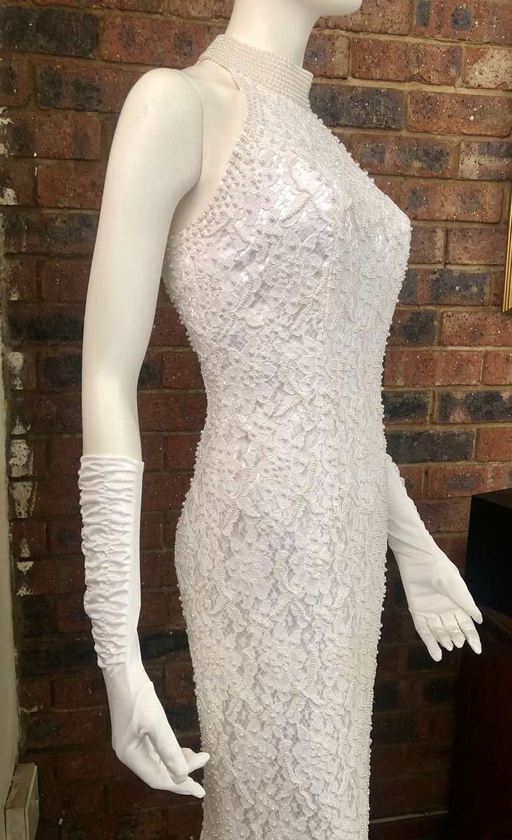 Wedding Dress - Elegant St. Tropez, straight line, lace and pearl halter dress