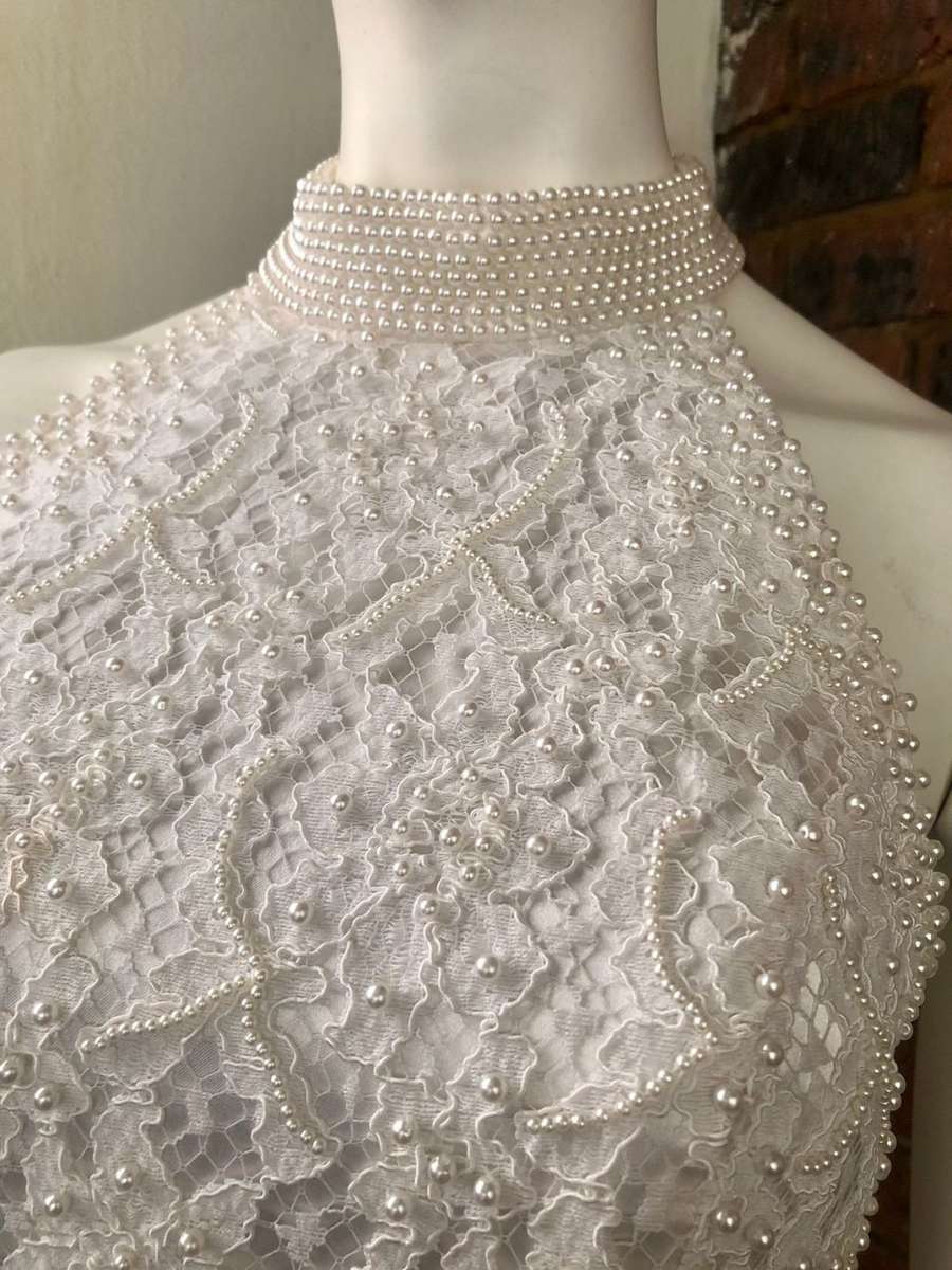 Wedding Dress - Elegant St. Tropez, straight line, lace and pearl halter dress