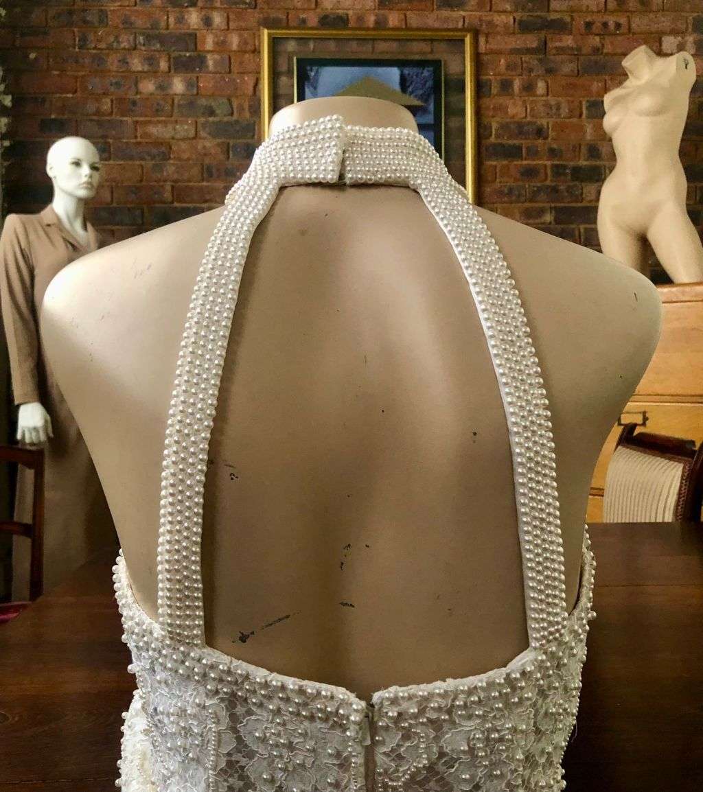 Wedding Dress - Elegant St. Tropez, straight line, lace and pearl halter dress