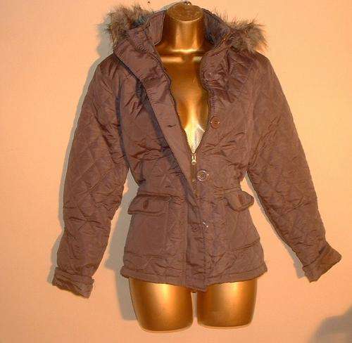 6  - New ladies quilted grey or black jackets with fur lined hood zips and poppers.