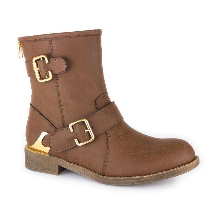 Size  8     New flat ankle boots Brown Gold  buckle detail