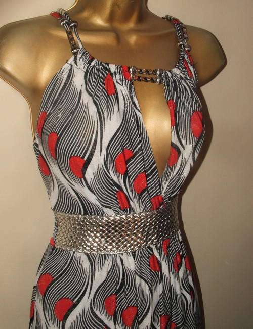 New stretch cocktail dress silver bead straps + belt size medium or 34