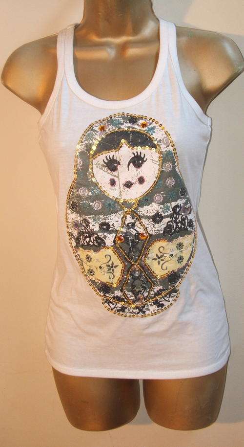 size 8 / 32 New white vest top print + embelishments beads sequins - stunning.
