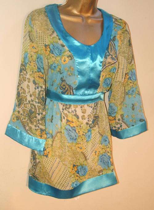 medium 12 Ladies Indian silky kaftan shirt, lemon turquoise New Top.