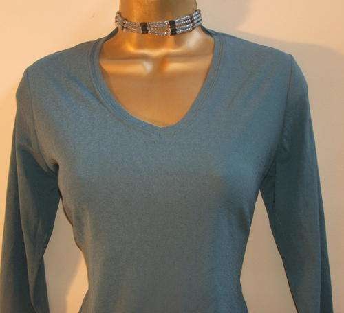 Size 10 or 34 - sea blue imported fabric v-neck ladies top simply slim look nipped in waist.