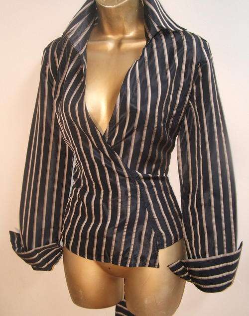 New wrap silky career office shirt  posh dressy  size 34 /12  or 32 / 8 - 10 in mocha gold or petwer