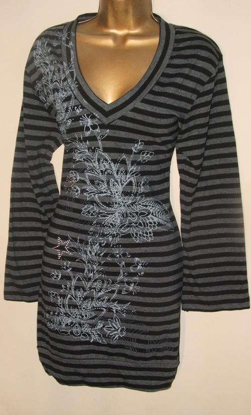 New Size 14 / 38  Long length black and grey stripe top shirt  - must see, one only.