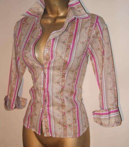 8 - 10 / 32 - 34 or a 12  / 36 New ladies petite cookies and cream pink stripe shirt.