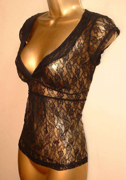 size 10 / 34 - 12/ 36  New black stretch dressy lingerie look ladies shirt top