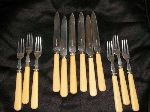 FRUIT KNIFES +FORKS. BONE HANDLES EPNS