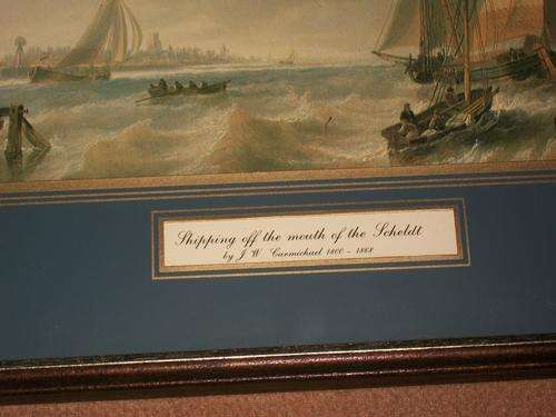 SHIPPING OF THE MOUTH OF THE SCHELDT BY J.W.CARMICHAEL 1800-1868. SIZE:38CM X 30CM INCL FRAME.