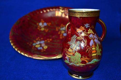 CROWN DEVON VASE AND BOWL. Bowl 25cm + Vase 13cm