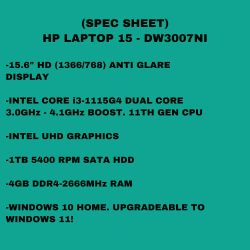 HP LAPTOP 15 - i3 11TH GEN 1TB HDD/4GB RAM (3 MONTH WARRANTY)
