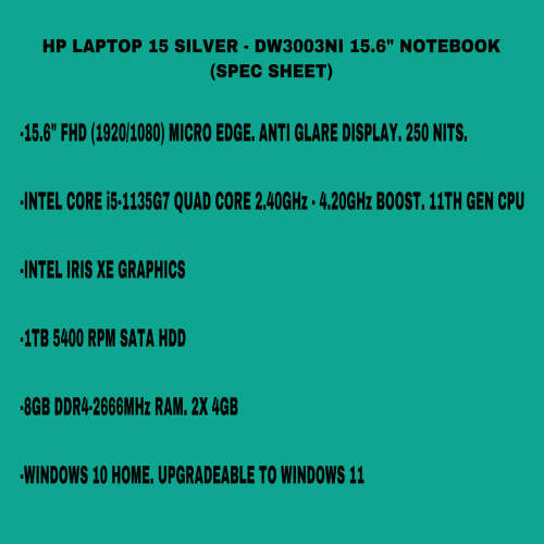 HP Laptop 15 Silver - i5 11TH GEN 1TB HDD/8GB RAM (3 Month Warranty)