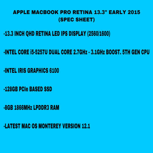 Apple MacBook Pro 13.3 Inch Retina Early 2015 - Intel Core i5 128GB SSD/8GB RAM (3 Month Warranty)