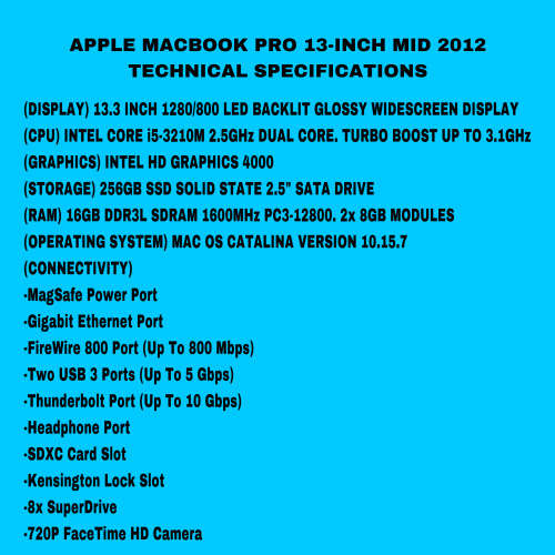 Apple MacBook Pro 13 Inch Mid 2012 Intel Core i5 256GB SSD/16GB (3 Month Warranty)