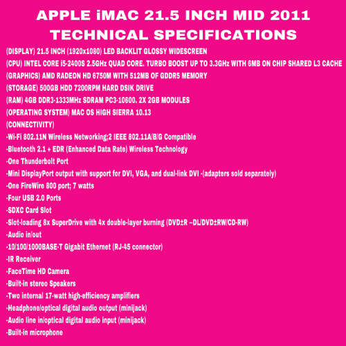 Apple iMac 21.5 Inch Mid 2011 Intel Core i5 500GB HDD/4GB RAM (1 Month Warranty)