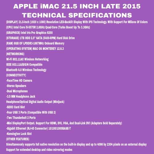 Apple iMac 21.5 Inch Late 2015 Intel Core i5 1TB HDD/8GB RAM (1 Month Warranty)