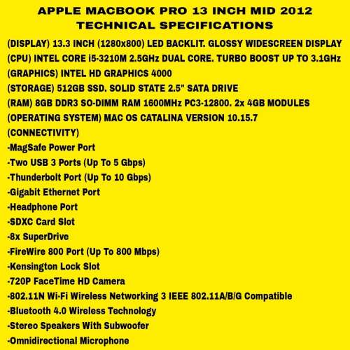 Apple MacBook Pro 13 Inch Mid 2012 Intel Core i5 512GB SSD/8GB RAM