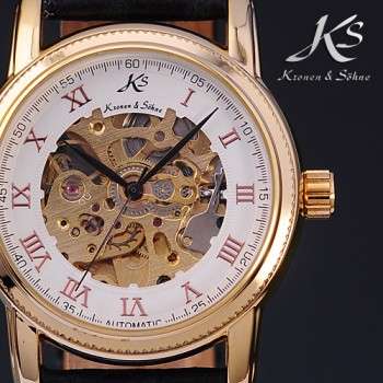 Kronen&Sohne Men Automatic Skeleton Mechanical Genuine Leather Band Watch