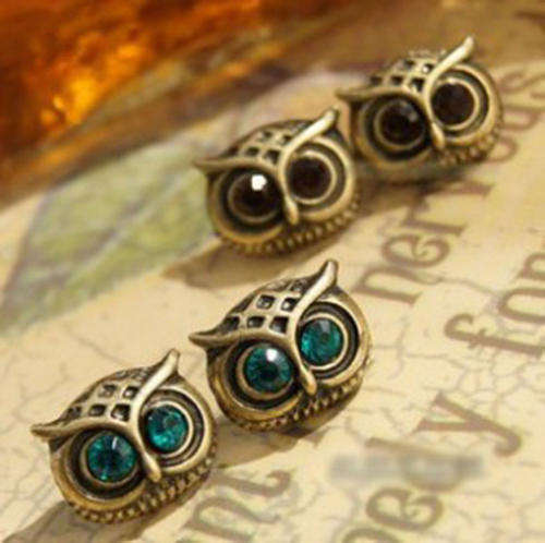 YELLOW GOLD BLUE EYE OWL EAR RING STUDS
