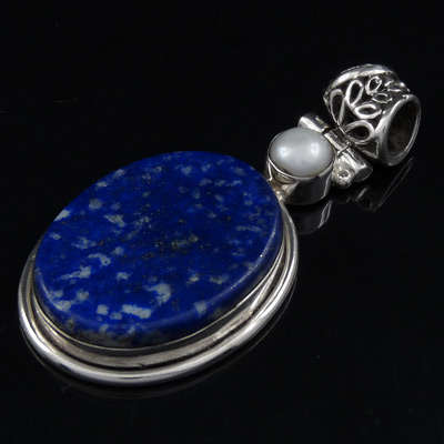 Luxurious Sterling Silver Hand-made Pendant with Genuine Lapis Lazuli & Pearl
