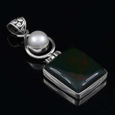 Luxurious Sterling Silver Hand-made Pendant with Genuine Pearl & BloodStone