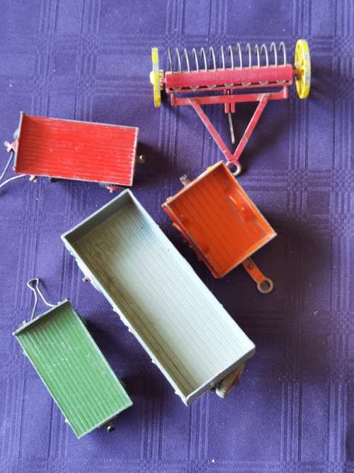 Dinky farm trailers and hay rake. R 50 per piece to start