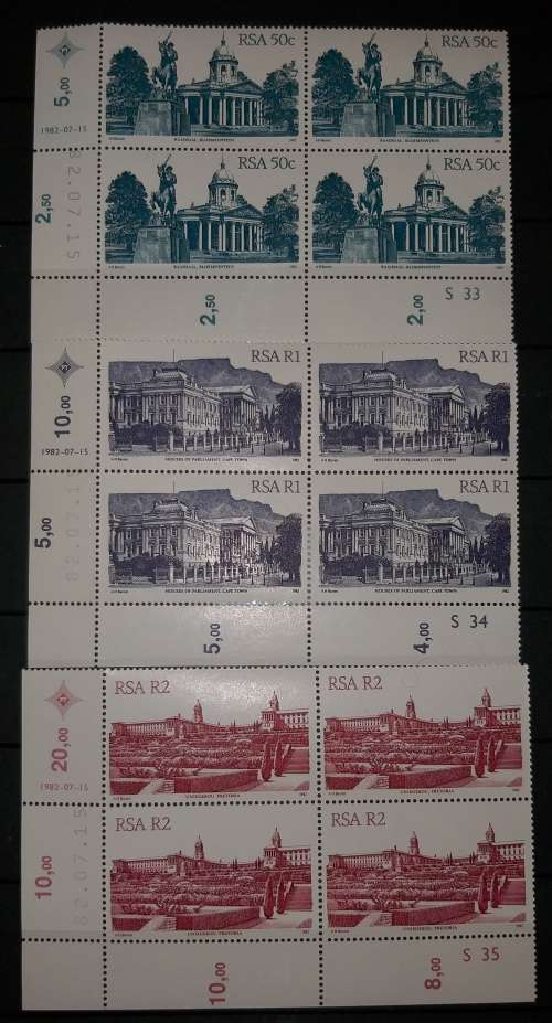 82/07/10+15 stamp set. Blocks of 4 unused stamps .