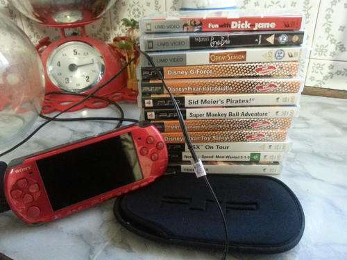 *****RED SONY PSP WITH POUCH AND  9 GAMES AND 3 MOVIES***