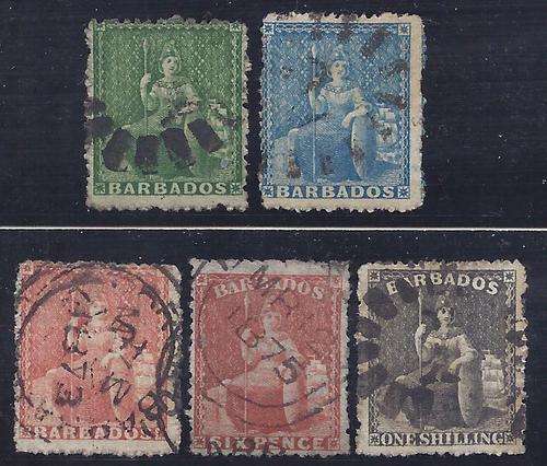 BARBADOS: Scrace 1870 rough perf 14 set of 5 fine used - SG 43/7 CV R 3800 SEE BELOW
